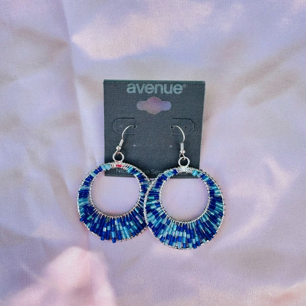 Avenue Navy and Teal Seed Bead Hoop Earrings